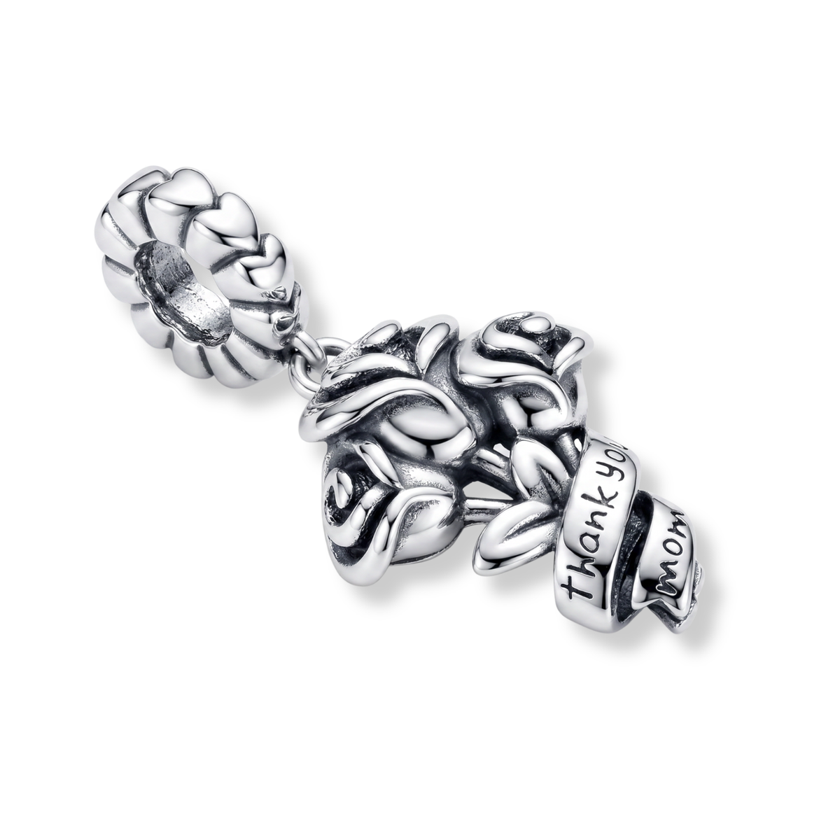 Thank You Mom Rose Bouquet Dangle Charm featuring a silver rose bouquet charm with a ribbon.