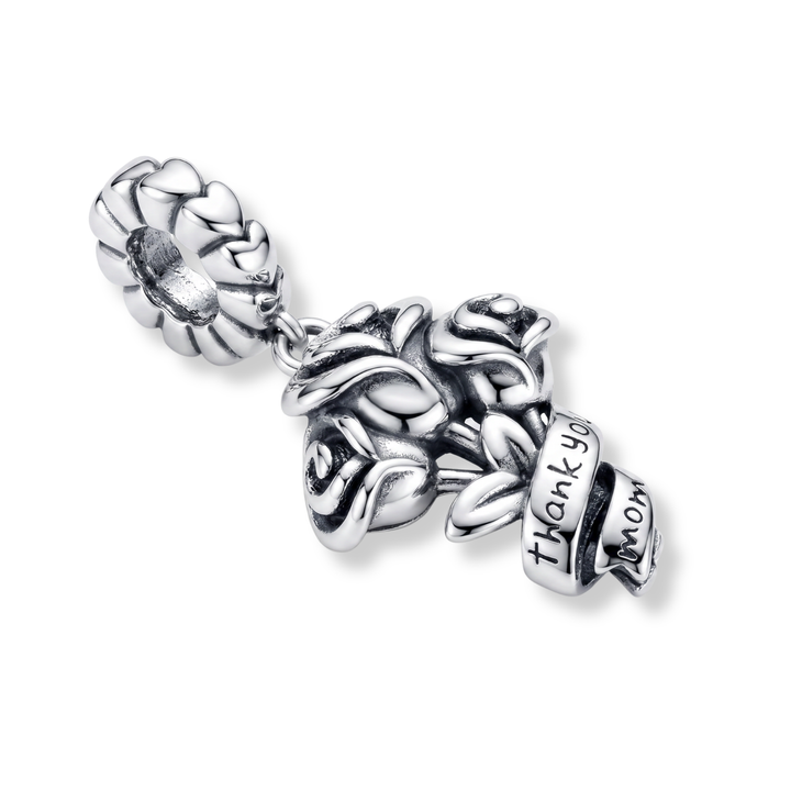 Thank You Mom Rose Bouquet Dangle Charm featuring a silver rose bouquet charm with a ribbon.