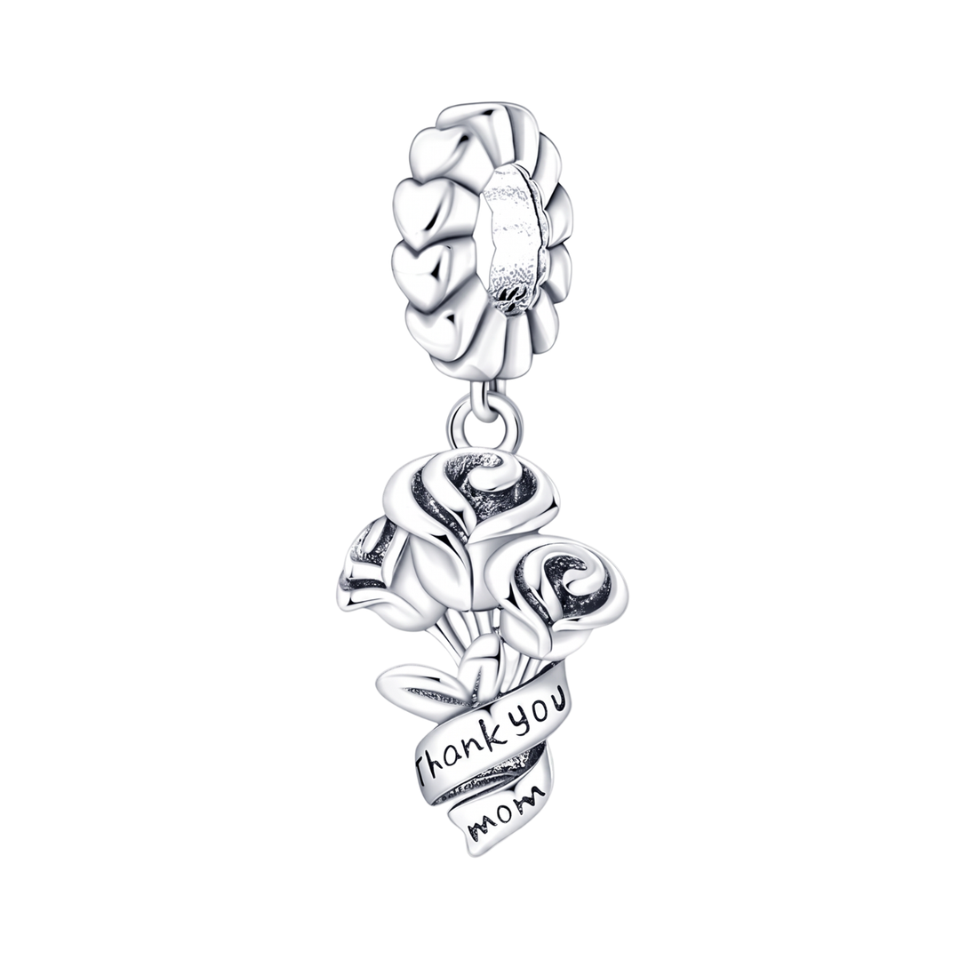 Thank You Mom Rose Bouquet Dangle Charm featuring silver roses and a ribbon with &