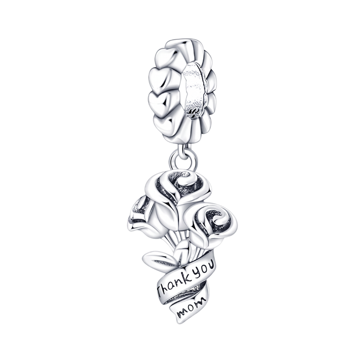 Thank You Mom Rose Bouquet Dangle Charm featuring silver roses and a ribbon with &
