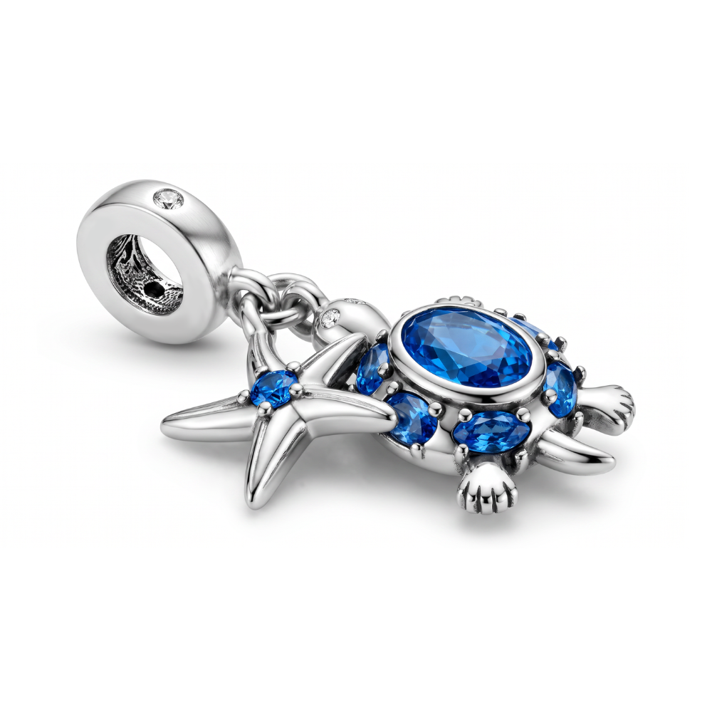 Sparkling Sea Turtle and Starfish Dangle Charm with blue stones and silver details, perfect ocean-themed jewelry.