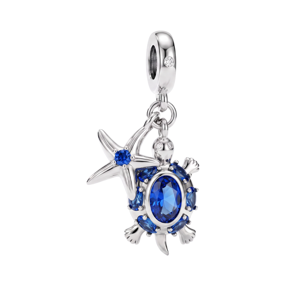 Sparkling Sea Turtle and Starfish Dangle Charm featuring a blue stone turtle and starfish design.