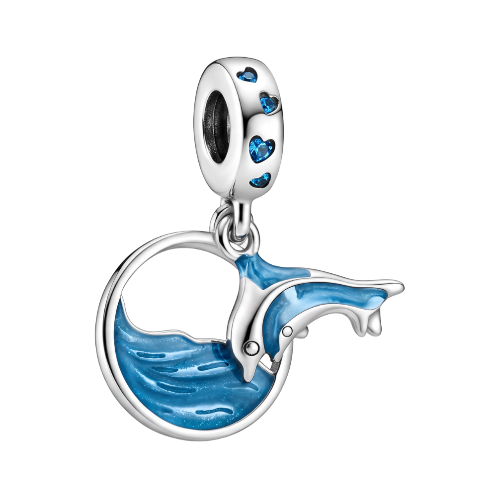 Coastal Dream Dolphin Dangle Charm featuring a silver dolphin leaping through a blue wave enamel ring with heart stone accents.