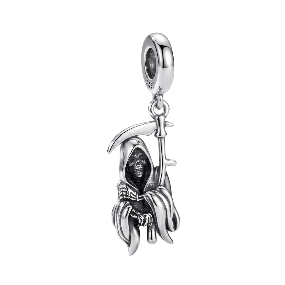 Grim Reaper Halloween Dangle Charm in oxidized silver, featuring detailed design with scythe and flowing robes.