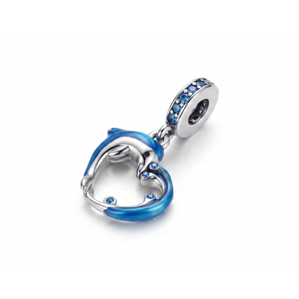 Sparkling Dolphin Wave Heart Dangle Charm with blue enamel dolphin and wave design, adorned with sparkling blue stones.
