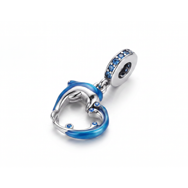 Sparkling Dolphin Wave Heart Dangle Charm with blue enamel dolphin and wave design, adorned with sparkling blue stones.