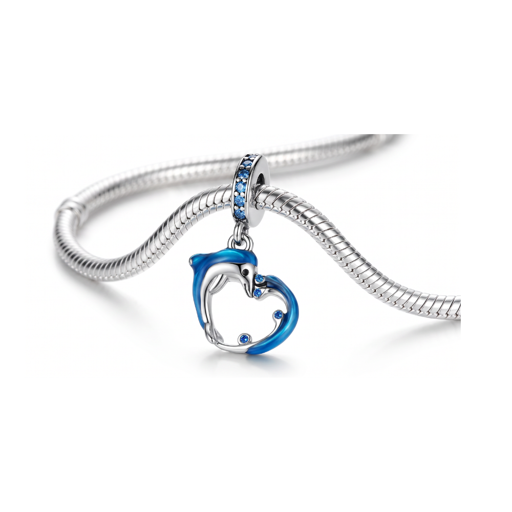 Sparkling Dolphin Wave Heart Dangle Charm featuring blue enamel dolphin and wave with sparkling accents.