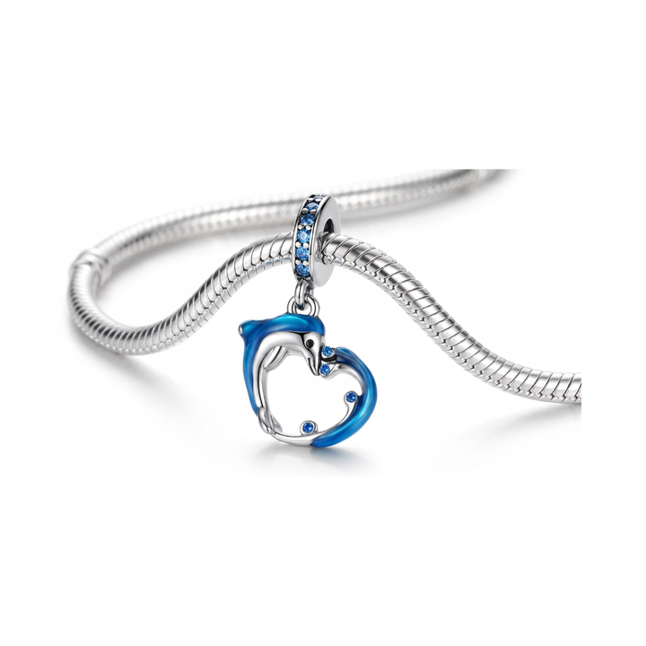 Sparkling Dolphin Wave Heart Dangle Charm featuring blue enamel dolphin and wave with sparkling accents.