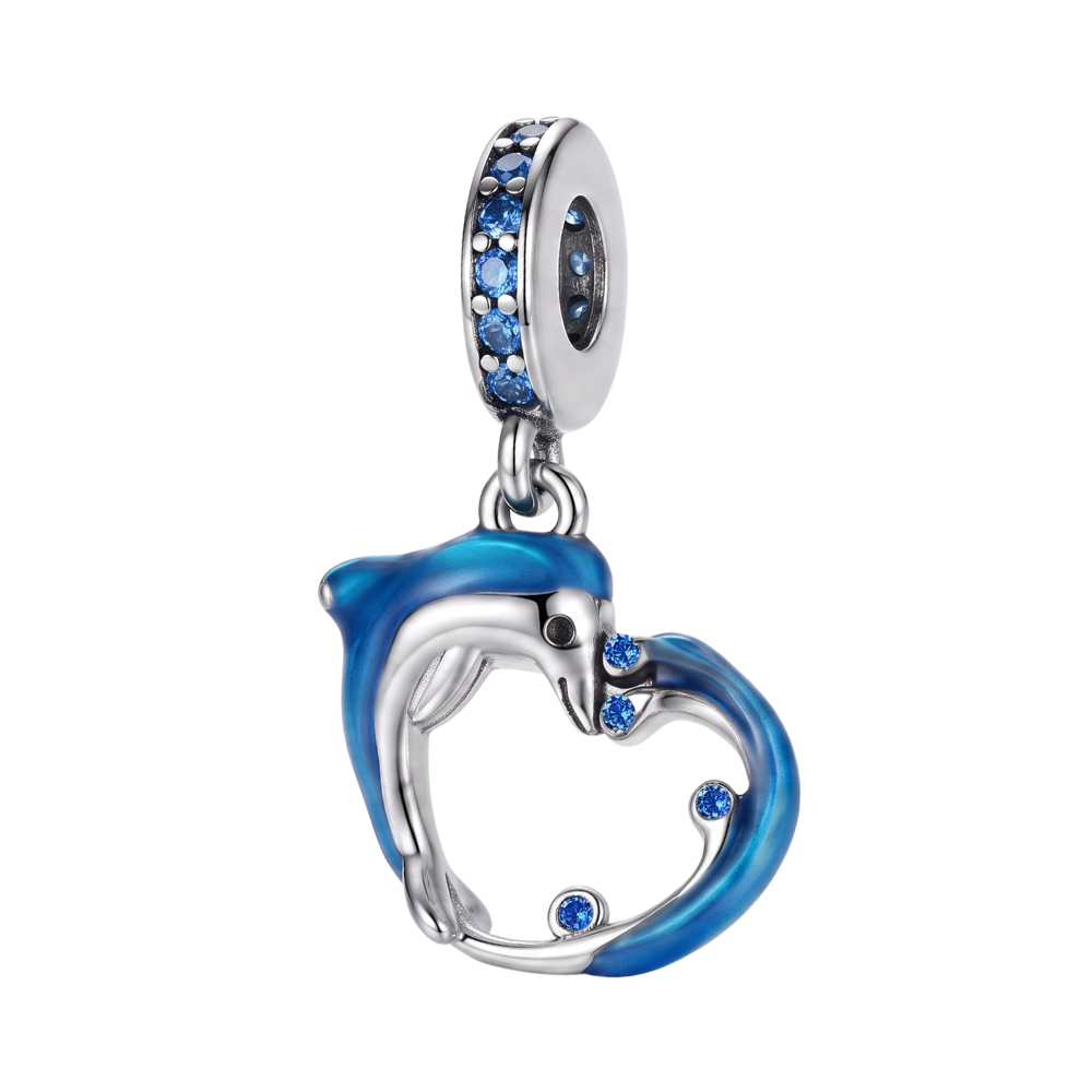 Sparkling Dolphin Wave Heart Dangle Charm featuring a blue enamel dolphin and heart shape with sparkling blue stones.