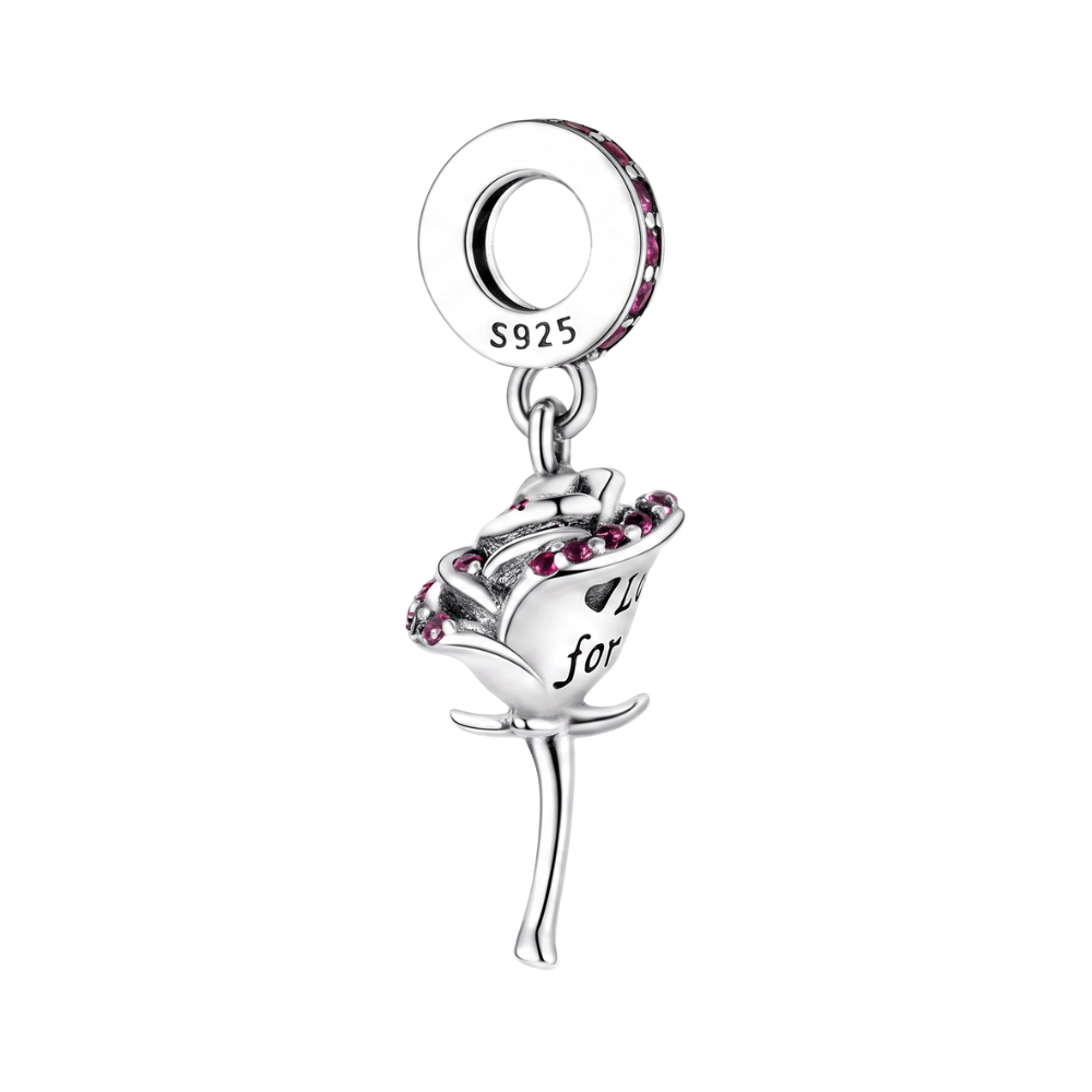 Sparkling Love Forever Rose Dangle Charm with pink crystals and 'Love forever' engraving.