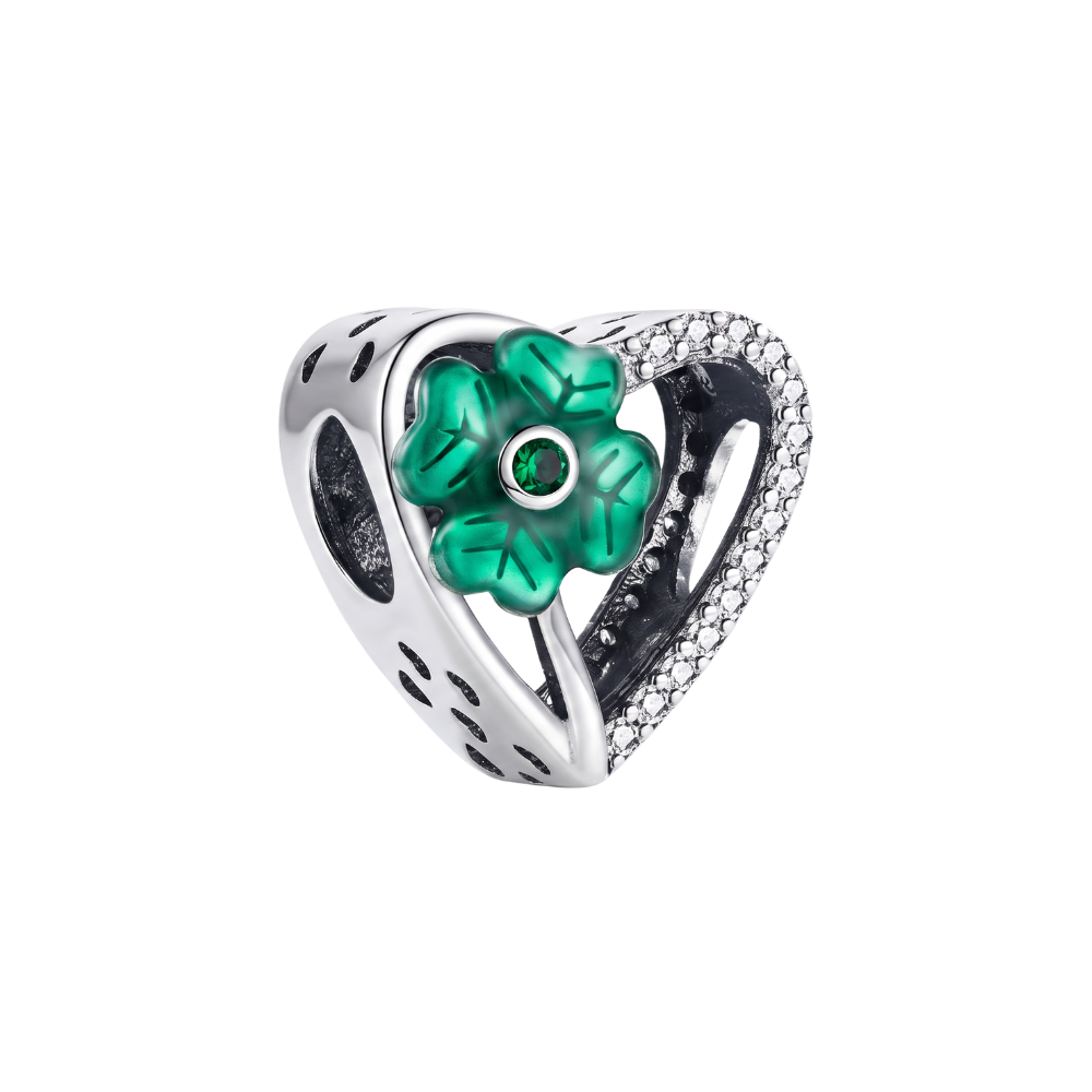 Sparkling Green Clover Heart Charm featuring a green four-leaf clover in a silver heart with crystal accents.
