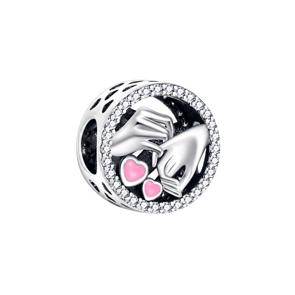 Sparkling Pinky Promise Charm featuring pink enamel hearts and detailed hands linked with sparkling crystals.