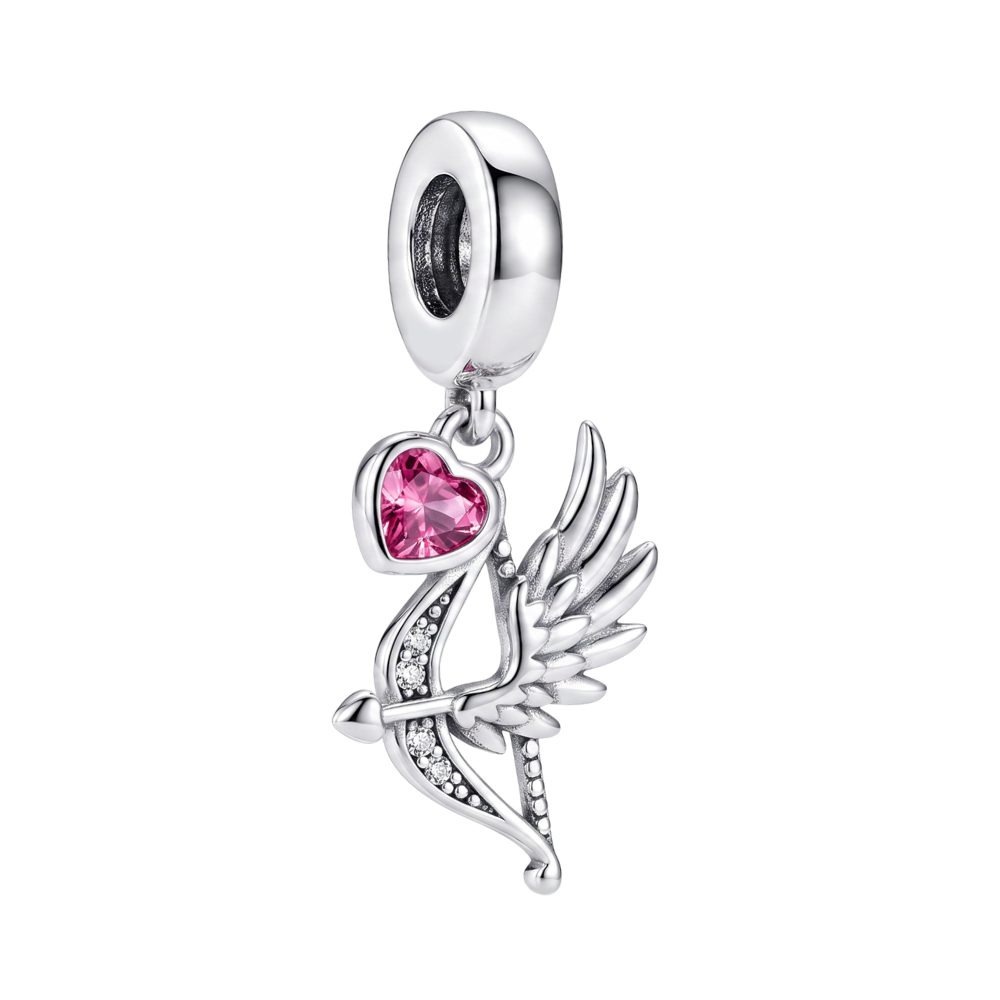 Sparkling Cupid Heart Wing Dangle Charm featuring a pink crystal heart and an angel wing design.