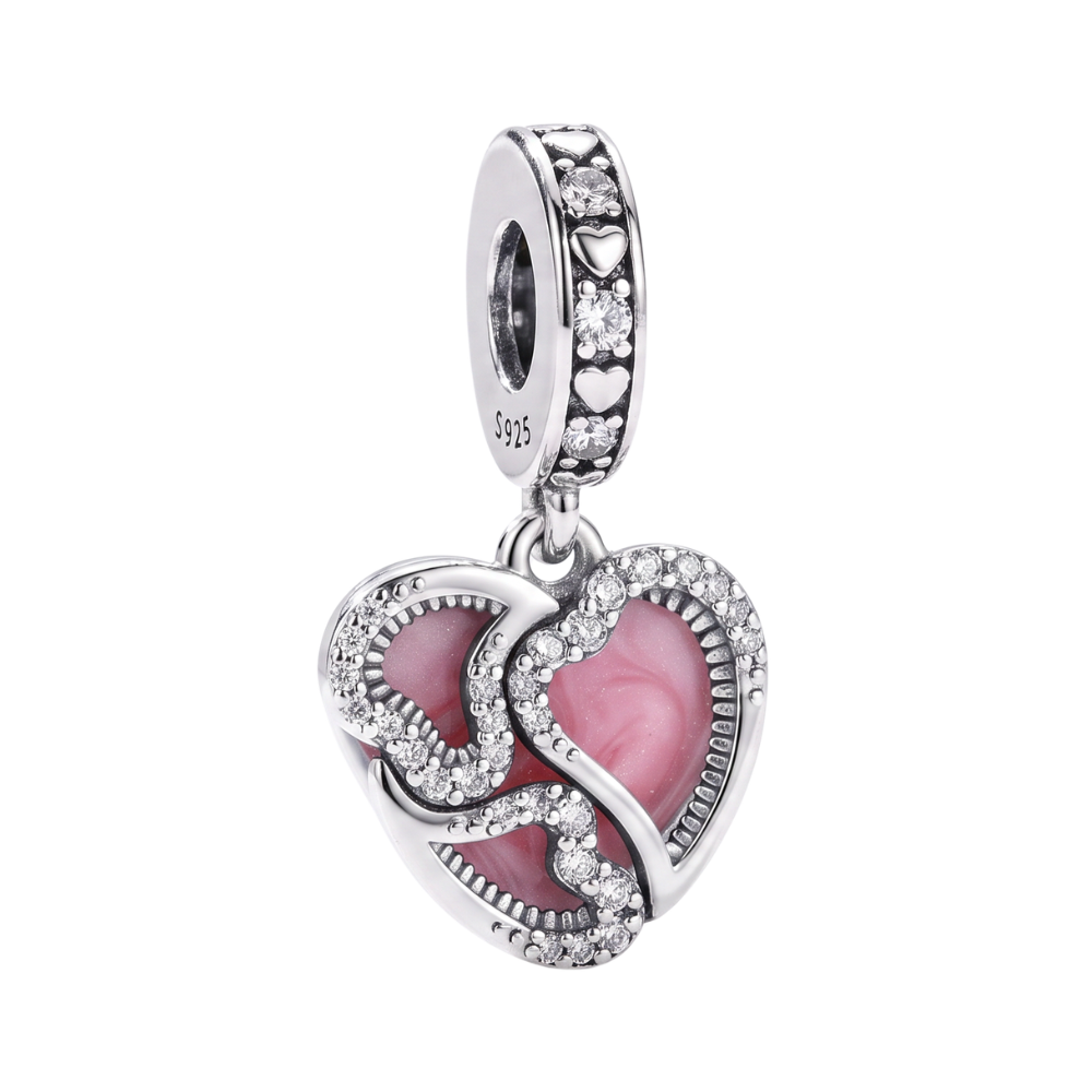Sparkling Pink Triple Heart Dangle Charm with pink enamel hearts and sparkling crystal accents.