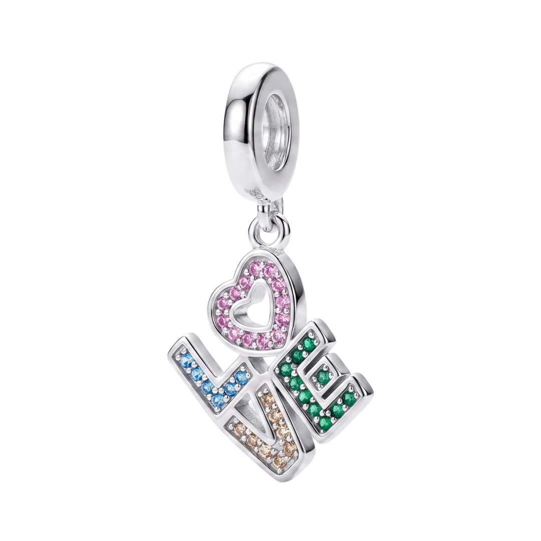 Sparkling Rainbow Love Letters Dangle Charm featuring colorful crystals and heart detail, perfect for celebrating love.