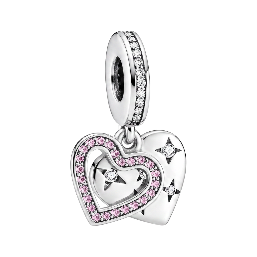 Sparkling Pink Star Double Heart Dangle Charm with pink stones and silver stars, perfect for any special occasion.