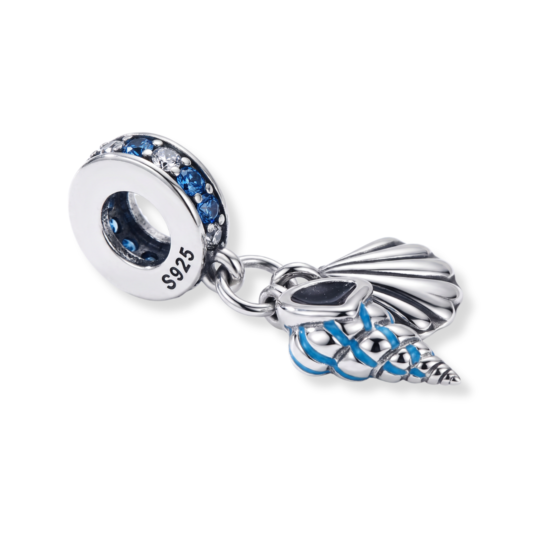 Sparkling Ocean Shell Duo Dangle Charm with blue enamel and shell design, perfect for ocean lovers.