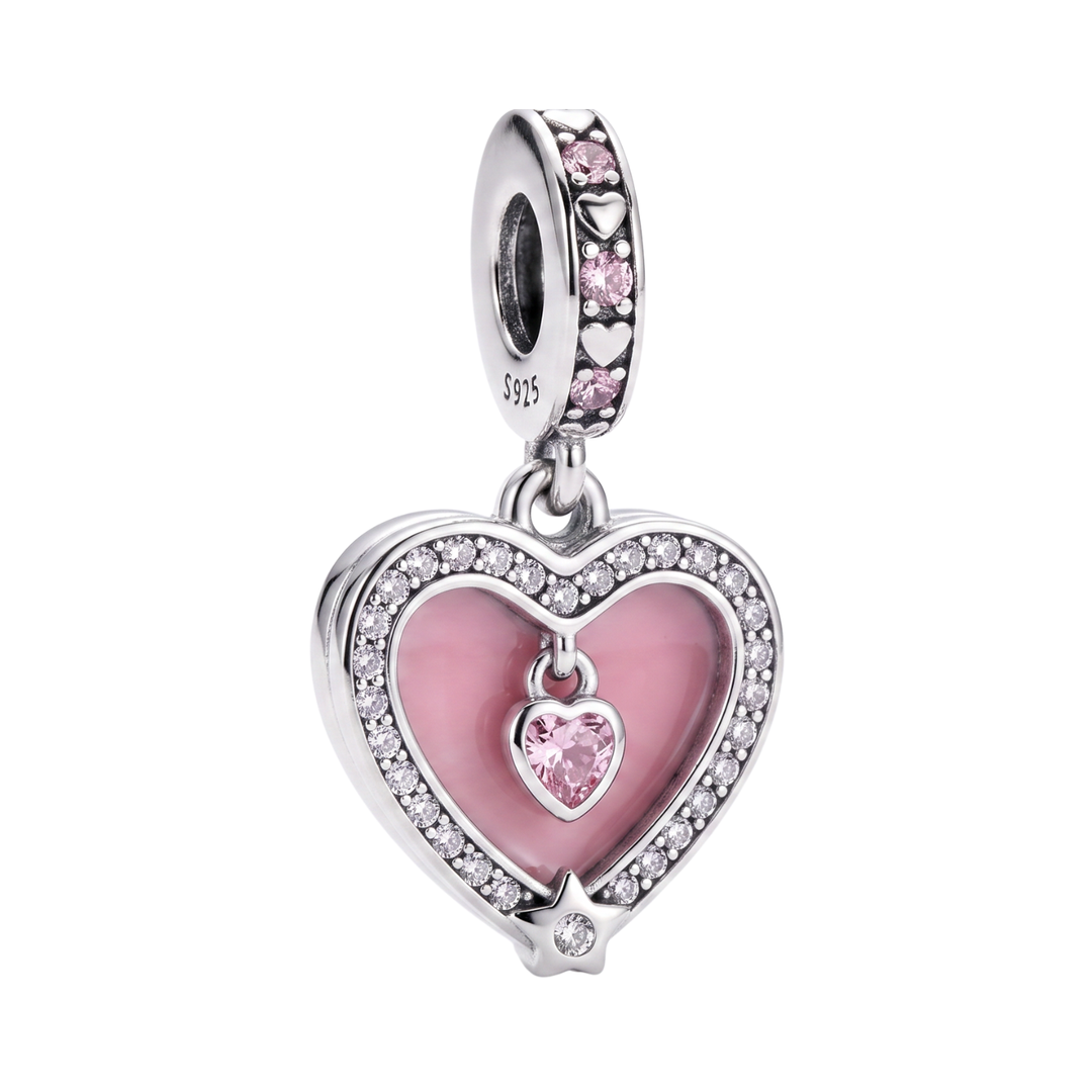 Eternal Love Heart Double Dangle Charm featuring pink heart and crystal accents for a lovely bracelet.