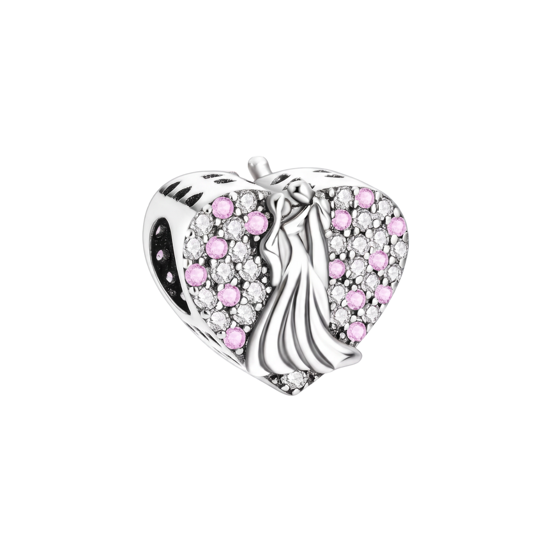 Sparkling Bride And Groom Heart Charm featuring a bride and groom silhouette, adorned with pink and clear sparkling stones.