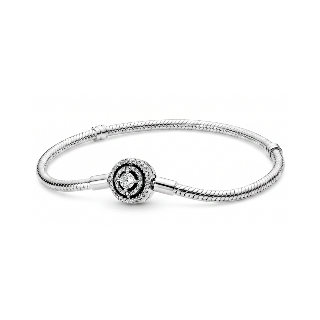 Sparkling Halo Clasp Snake Chain Bracelet with a round crystal clasp in a sleek snake chain design.