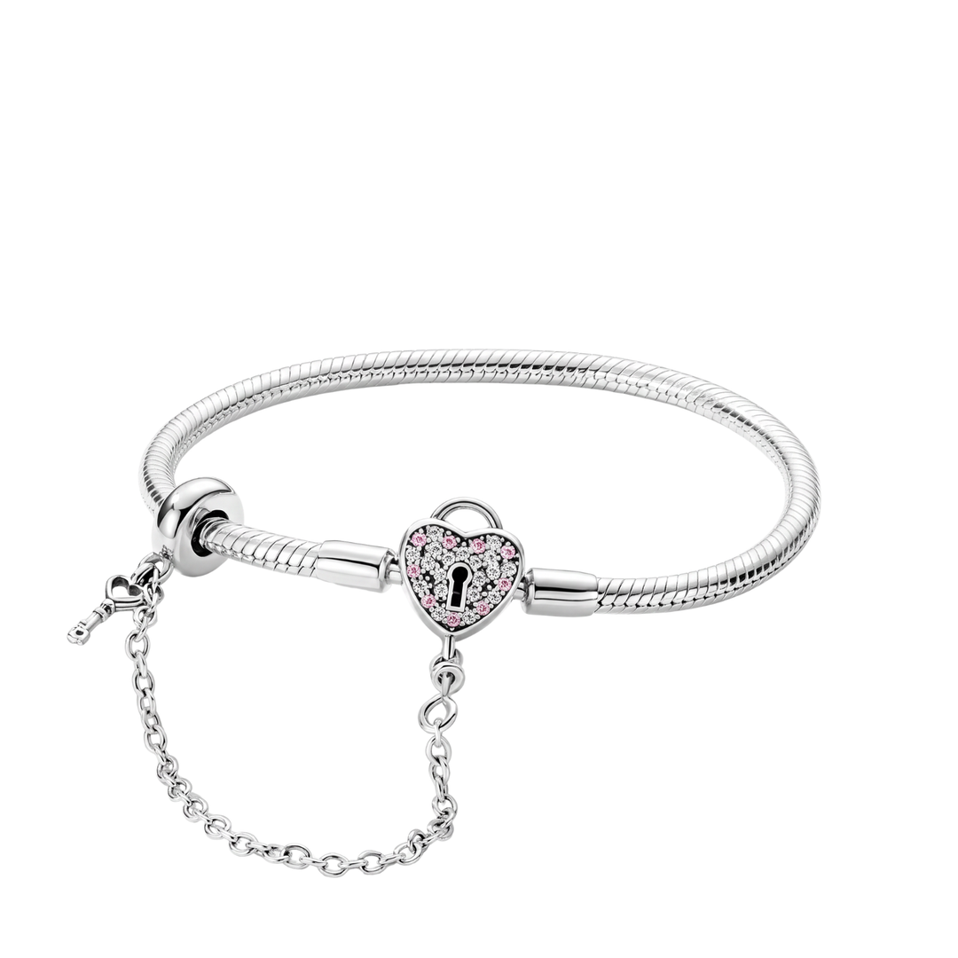 Sparkling Heart Lock Snake Chain Bracelet with a heart-shaped padlock clasp and delicate key charm.