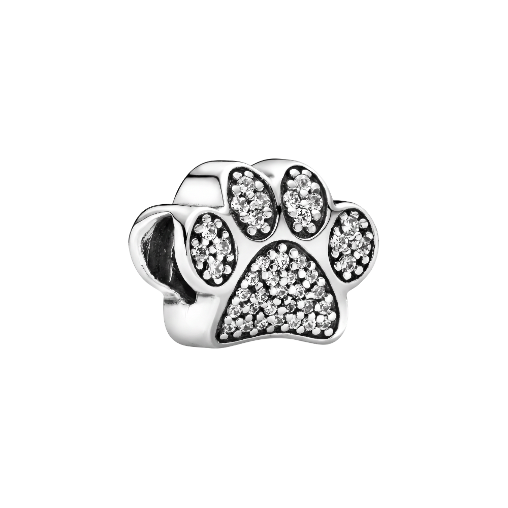 Sparkling Paw Print Charm featuring pavé stones and oxidized detailing in a stunning paw print design.