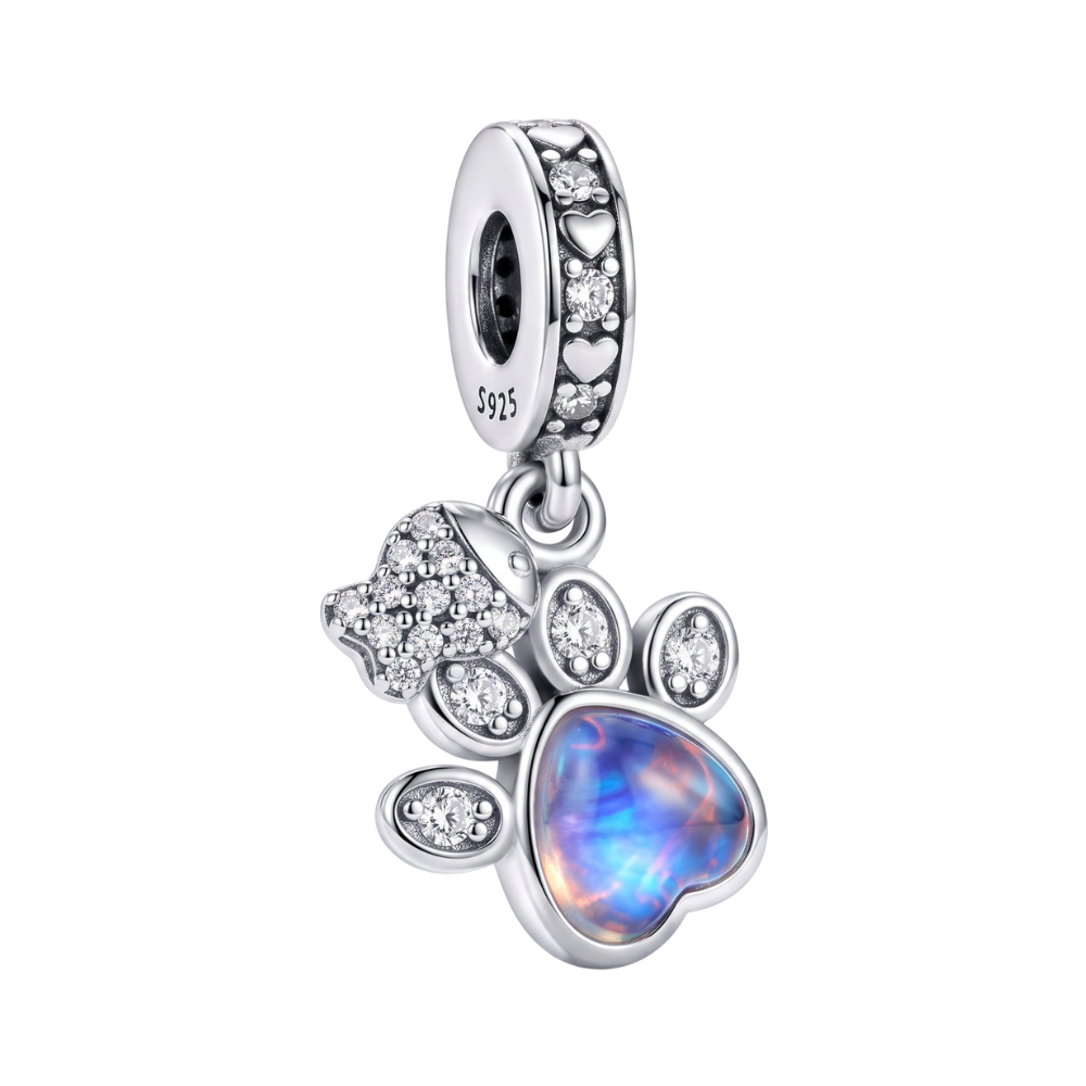 Paw Print & Fish Dangle Charm featuring a sparkling paw design with an opal stone and shiny accents.