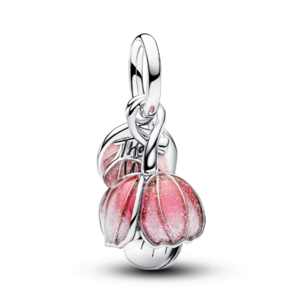 Pink Blooming Flower Pendant with shimmering pink glitter enamel petals and elegant silver leaves.