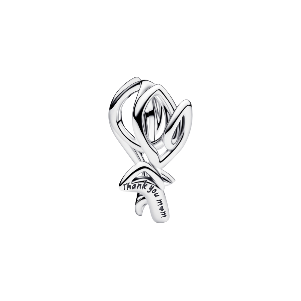Thank You Mom Tulip Charm in sterling silver with intricate open-work tulip design and engraved message.