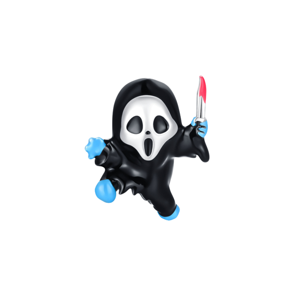 Scary Movie Ghostface Charm featuring iconic Ghostface with a knife in glossy black and blue details.