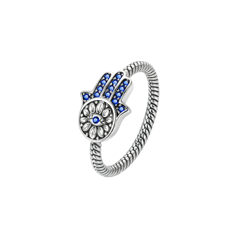 Hamsa Hand Blue Stone Ring featuring vibrant blue stones and a symbolic protective design.