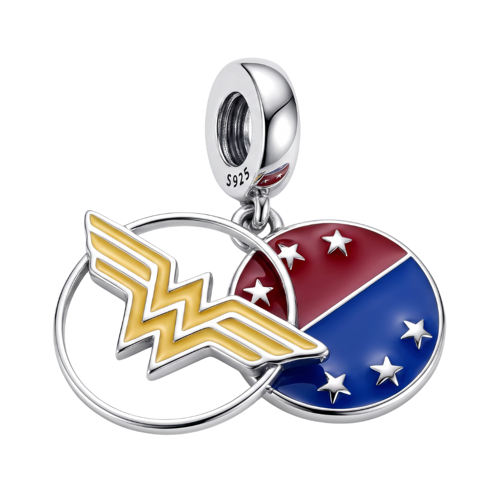 DC Comics Wonder Woman Dangle Charm with gold enamel WW logo and red blue shield disc, perfect for fans.