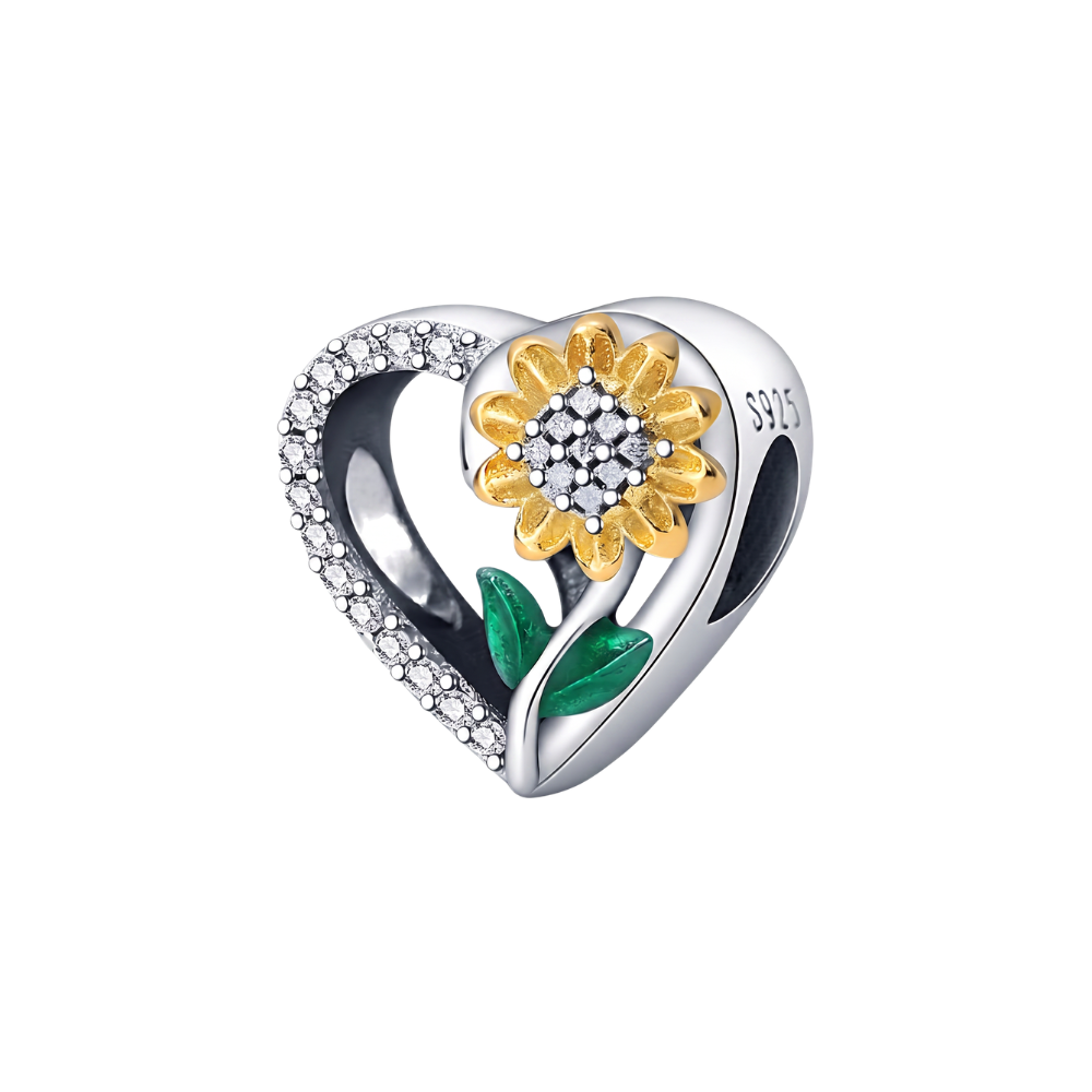 Golden Sunflower Heart Charm with sparkling white stones and green enamel leaves, perfect gift of warmth and love.