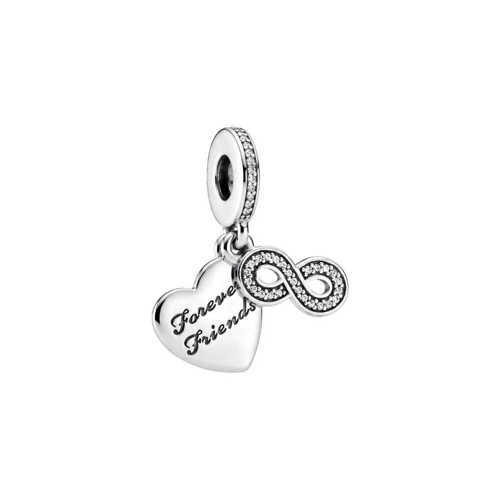 Forever Friends Heart Infinity Dangle Charm with sparkling infinity symbol and engraved heart