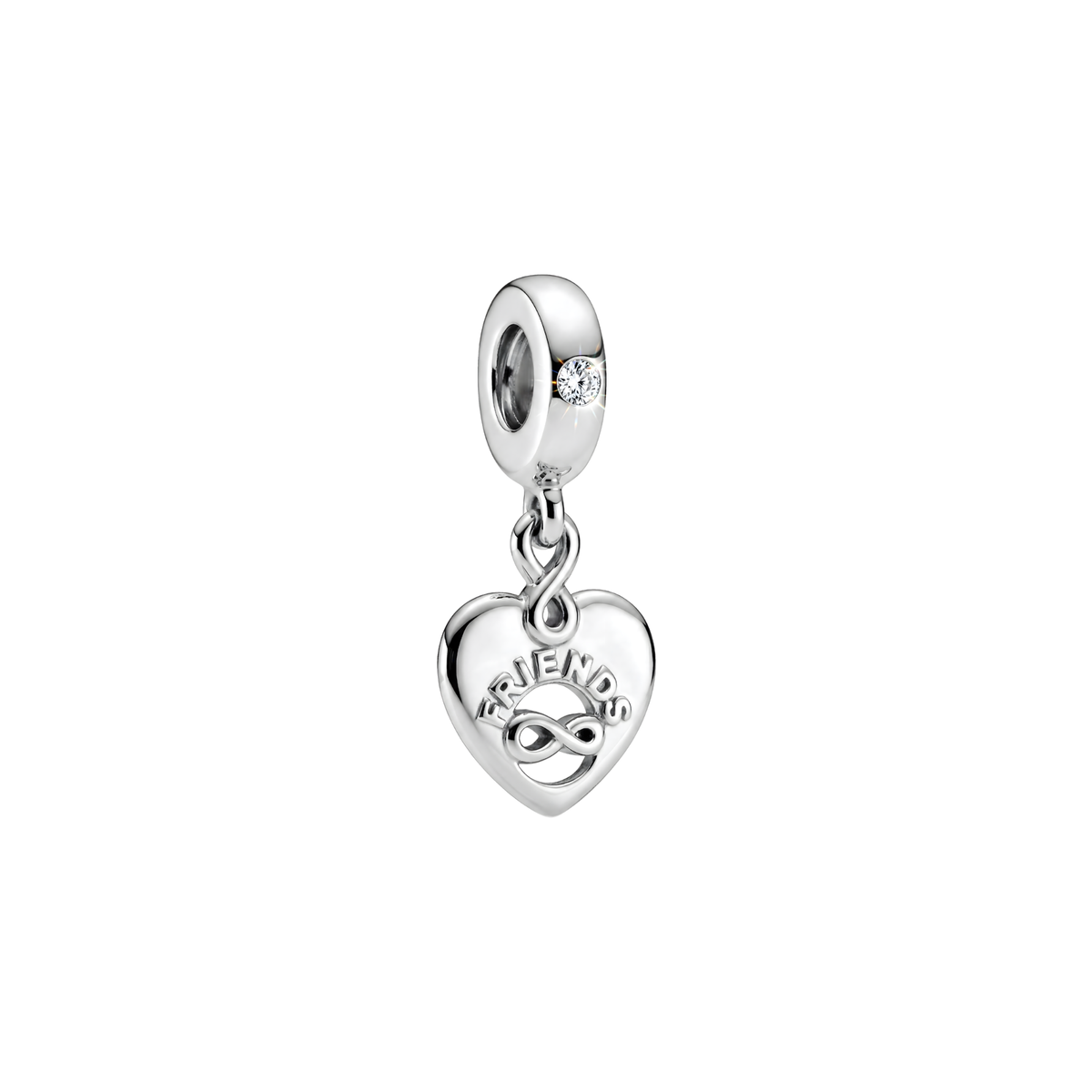 Friends Infinity Heart Dangle Charm with an infinity symbol and 'Friends' engraving, crafted in polished silver.