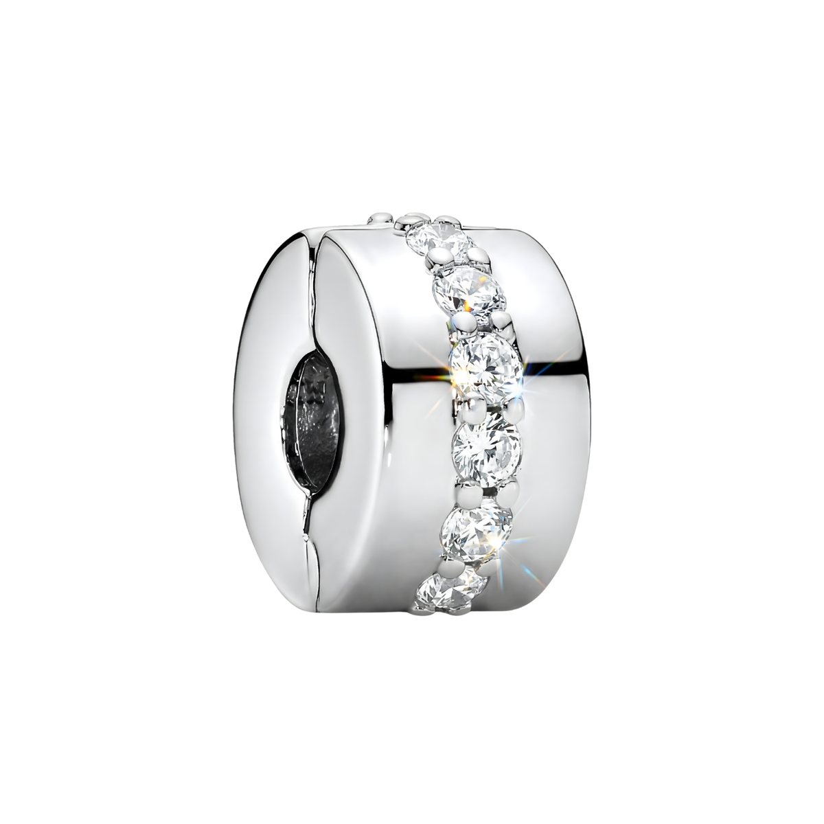 Sparkling Row Silver Clip Charm with polished silver and sparkling white stones, perfect for charm bracelets.
