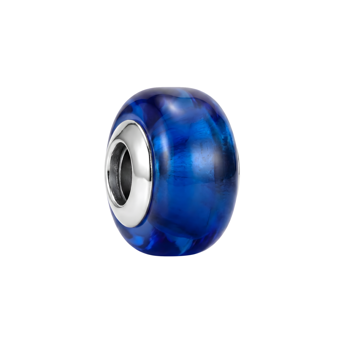 Blue Murano Glass Charm featuring deep blue translucent glass and silver core, perfect for bracelets.