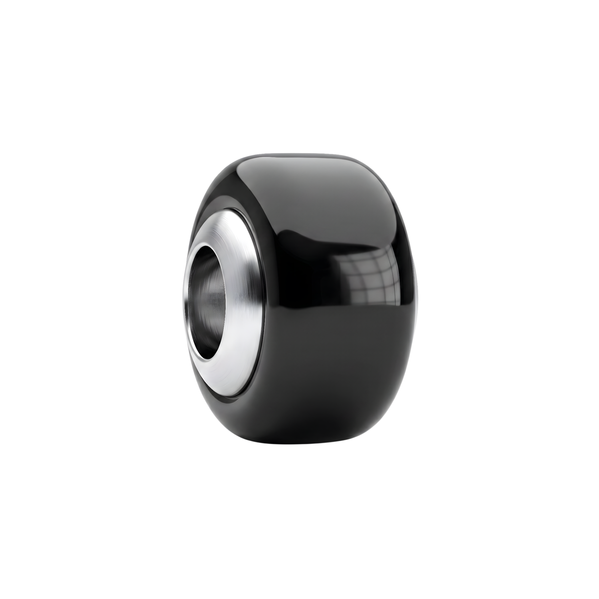Black Murano Glass Charm showcasing a sleek, glossy finish with a silver core, perfect for elegant jewelry.