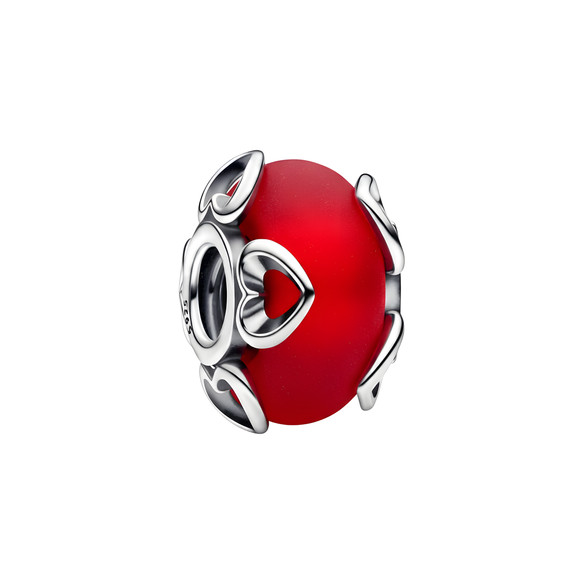 Red Matte Murano Glass Heart Charm with silver heart accents, a perfect Valentine's Day gift.