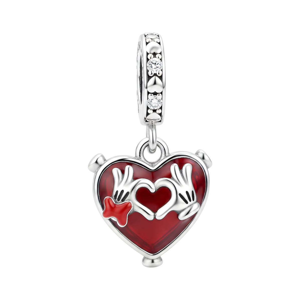 Disney Mickey & Minnie Murano Love Heart Dangle Charm with red heart and Mickey hands.
