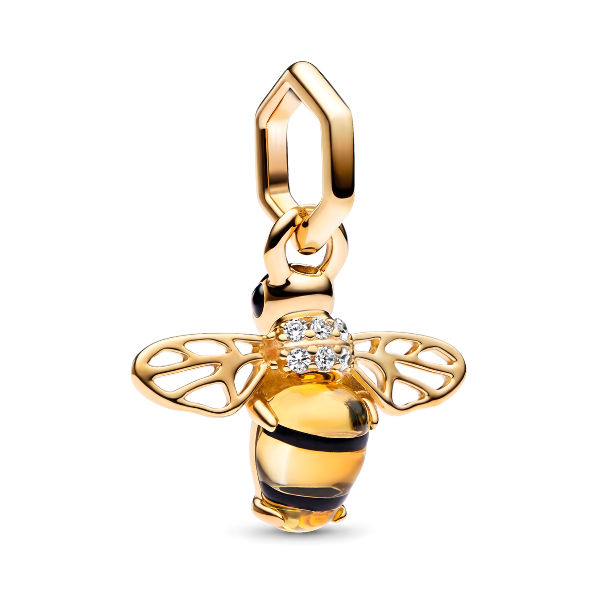 Gold Murano Glass Bee Pendant featuring intricate amber and black glass, gold wings, and sparkling stones.
