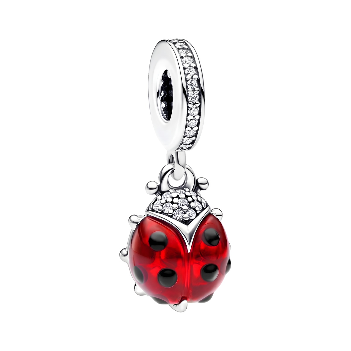 Red Murano Glass Ladybird Dangle Charm showcasing deep red glass and sparkling details.