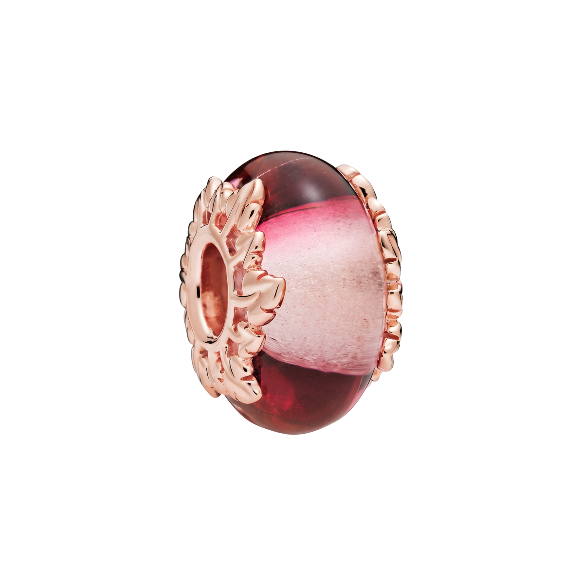 Rose Gold Pink Leaf Murano Glass Charm featuring intricate rose gold leaf design and rich pink hues.