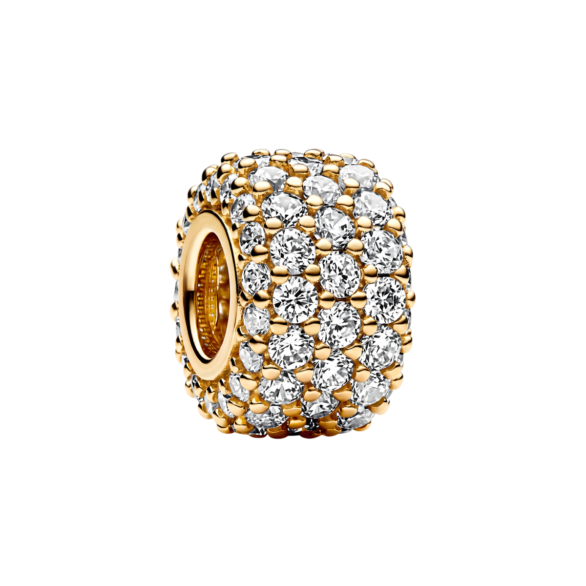 Gold Sparkling Pave Barrel Charm showcasing brilliant clear stones in warm gold settings.