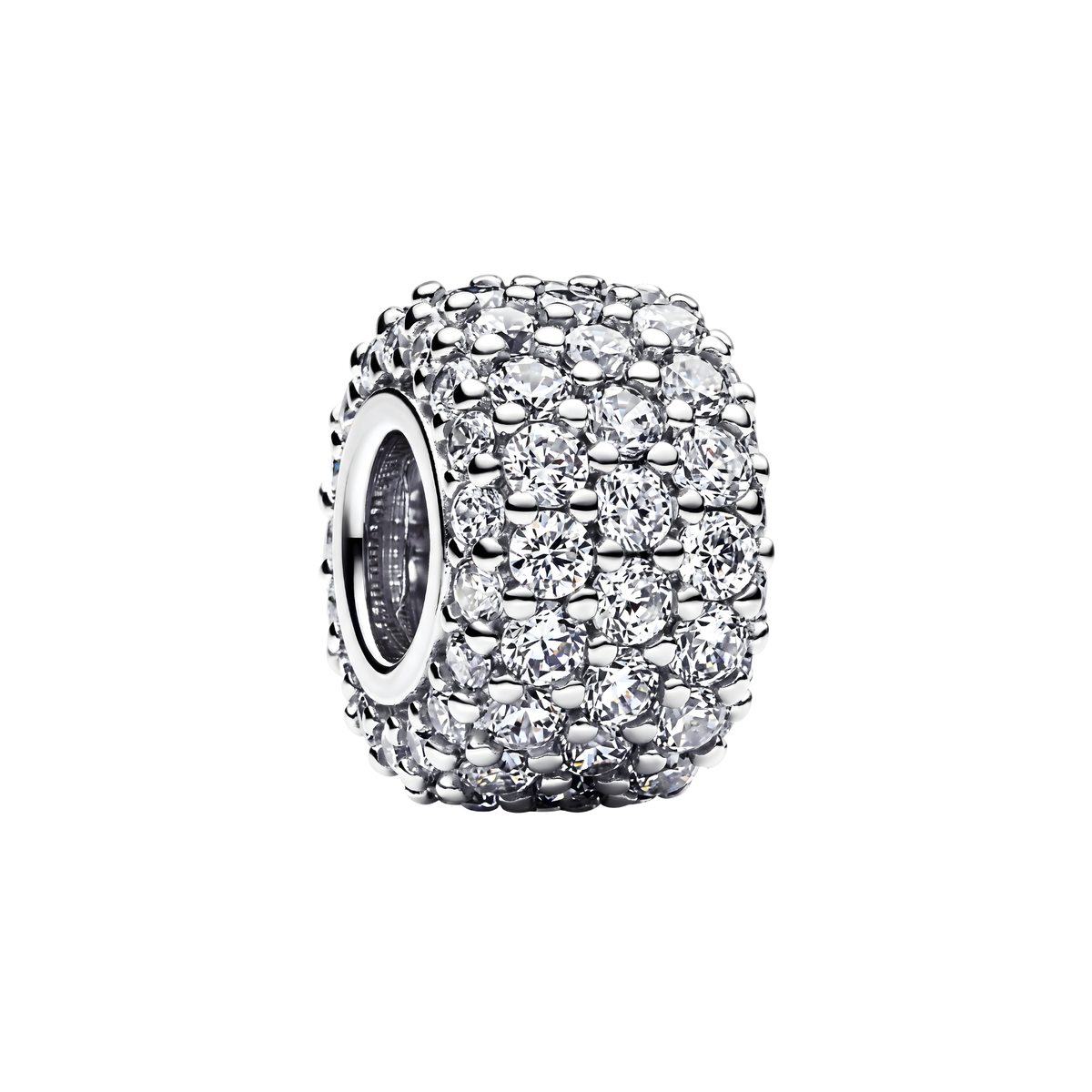 Sparkling Pave Barrel Charm features shimmering clear stones in polished silver settings, creating a stunning focal piece.