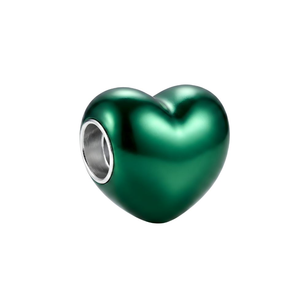 Emerald Green Love Heart Charm, lustrous green heart charm with a metallic finish for bold jewelry lovers.