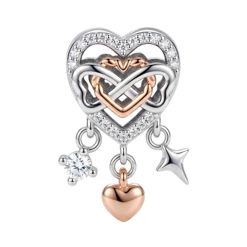 Infinite Love Heart & Star Charm featuring a rose gold infinity symbol and sparkling dangles.