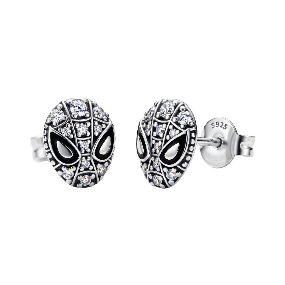 Marvel Spider Man Stud Earrings featuring intricate design with sparkling details and iconic Spider-Man mask style.