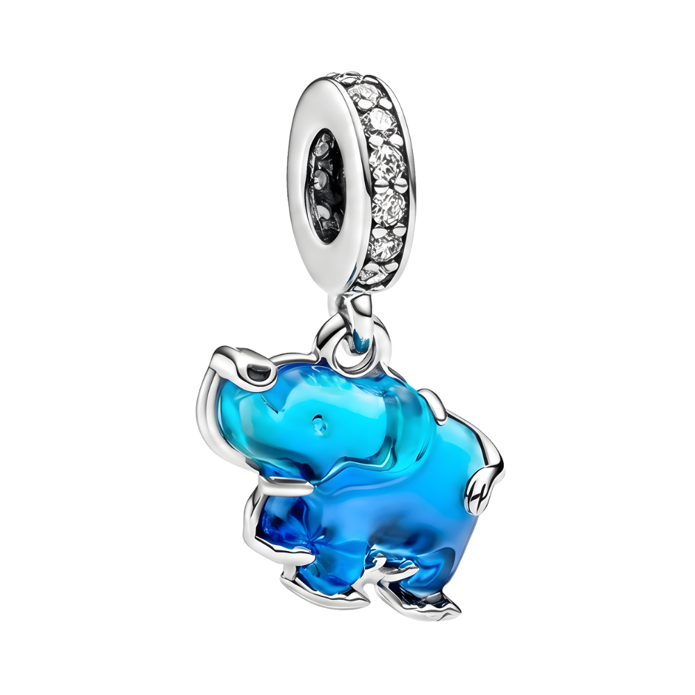 Blue Murano Glass Elephant Dangle Charm in luminous ocean blue with sparkling details, perfect gift for loved ones.