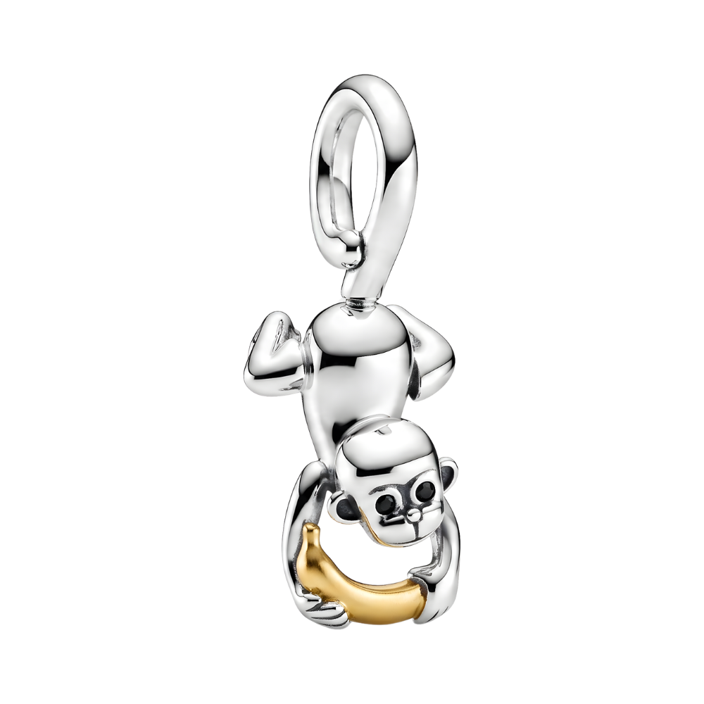 Cheeky Upside Down Monkey Banana Dangle Charm with a silver monkey holding a gold banana.
